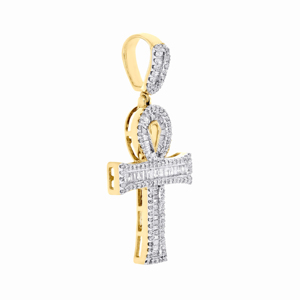 10K <b>Solid</b> Yellow <b>Gold</b> Channel Set Baguette Diamond Egyptian Ankh Cross <b>Pendant</b> 1.5" Charm 0.87 CT Hip Hop Men's Jewelry - Product Image 2
