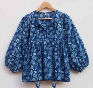 Indigo Floral Hand Block Print Women's <b>Tank</b> <b>Top</b> 100% Cotton Breathable <b>Lace</b> Bow Casual Ethnic Boho - Product Image 1