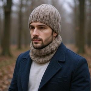 Men's Grey Ribbed Knit Beanie and Cowl Neck Warmer Set - Product Image 4