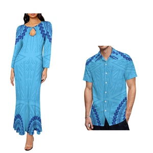 Conjunto de Dos Piezas de Moda: Vestido Largo Estilo Sirena con Diseño Tribal Polinesio y Camisa Aloha de Talla Grande para Hombre - Product Image 3