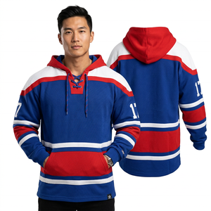 Sweat à capuche unisexe personnalisé pour le hockey sur glace, rayures bleues, rouges et blanches sur le devant, manches longues, sublimé, respirant, avec cordon de serrage, coupe classique - Product Image 1