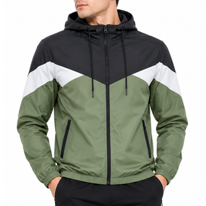 Chaqueta cortavientos para hombre con diseño de paneles en chevron, impermeable, verde oliva, negro, tricolor, ropa deportiva para exteriores, con capucha y cremallera. - Product Image 1