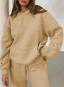 Womens Beige <b>Hoodie</b> And Matching Joggers Set Premium Heavyweight Fleece Pullover Loungewear Two Piece Outfit - Product Image 5