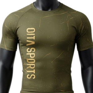 Ensemble de T-shirt et Short de Compression pour Hommes Vert Olive et Or, Respirant, Séchage Rapide, Extensible, Fitness, Gym, Entraînement, Course à Pied, Sports Athlétiques - Product Image 3