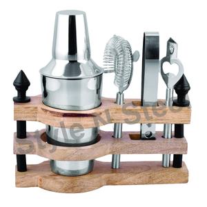 Ensemble d'outils de barre en acier inoxydable 5 pièces de qualité supérieure avec support en bois au design classique élégant à l'extérieur de l'emballage de la boîte-cadeau de gravure - Product Image 1