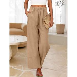 Women's <b>Linen</b> Cotton <b>Wide</b> <b>Leg</b> Pants High Waist Elastic Solid Color Loose Fit Full Length Casual Summer Style Flat Front <b>Trousers</b> - Product Image 3