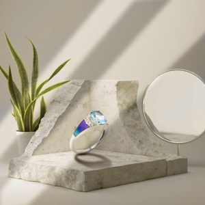 Anillo Ovalado de Plata de Ley 925 de Lujo, Chapado en Rodio, con Topacio Azul y Diseño Lateral de Esmalte Morado para Mujer - Product Image 4