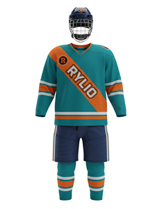 Pantalones de hockey sobre hielo en color verde azulado y azul marino, combinados con una chaqueta deportiva de hockey sobre hielo, además de una sudadera con capucha de hockey sobre hielo y un gorro de hockey de fieltro blanco. - Product Image 1
