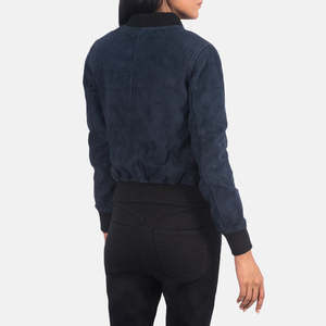 Women's Navy Blue <b>Suede</b> Motorcycle <b>Jacket</b> Full Sleeve Zipper Front Stand Solid Color Streetwear Winter Windproof Waterproof - Product Image 3