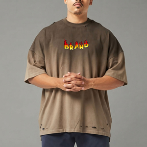 เสื้อยืดผู้ชายพิมพ์ลายโลโก้ตามสั่ง เนื้อผ้าระบายอากาศได้ดี 100% ผ้าฝ้าย สีน้ำตาลล้วน เป็นมิตรกับสิ่งแวดล้อม ทรงโอเวอร์ไซส์ สไตล์ฮิปฮอป - Product Image 1