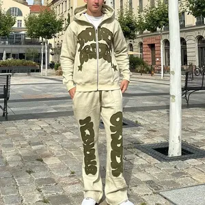 Acid Wash Flared Sweatpants and Hoodie Set Cotton Oversized Sweatsuits Sets Unisex Vintage <b>Distressed</b> Printing Hoodie Tracksuit - Product Image 5