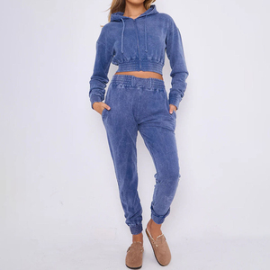 Custom Women's Vintage Two-Piece <b>Cropped</b> Acid Wash Cotton Zip Tracksuit Solid Pattern Short Length <b>Tops</b> for Winter - Product Image 1