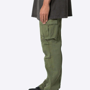 Pantalon cargo ample évasé pour homme, teinture personnalisée, couleur unie, en coton, respirant et infroissable - Product Image 4