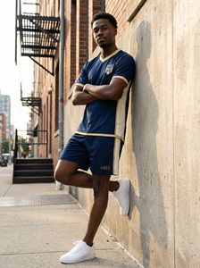 Maillot en jersey tricoté à col en V bleu marine avec col et poignets dorés pour les panneaux latéraux, design sportif respirant pour l'été - Product Image 5