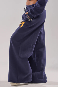 <b>Women's</b> <b>Navy</b> <b>Blue</b> Cropped Hoodie Jogger Set Full Sleeve Printed Letter Design Loose Fit 2-Piece Sweatshirt Pants All Seasons - Product Image 3