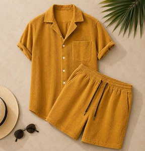 Conjunto Unisex de Camisa y Pantalones Cortos de Algodón Verde, Cuello con Botones, Cintura con Cordón, Corte Holgado, Ropa Casual de Verano - Product Image 4
