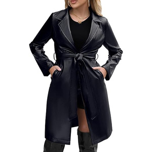 Women's Lambskin 100% Leather Long Trench Coat Double Breasted Tan Belt Overcoat Jacket Fashion Female Leather Trench Coat - Product Image 1