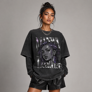 เสื้อยืดแขนยาวผ้ายีนส์โอเวอร์ไซส์ MANWA ลายพิมพ์ฟอยล์ สไตล์สตรีทแวร์ คอกลม สำหรับผู้ชาย ราคาประหยัด - Product Image 4
