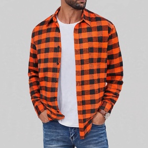 <b>Men's</b> <b>Orange</b> Black Plaid Flannel <b>Shirt</b> Full Sleeve Casual Turn-down Collar Autumn Cotton <b>Shirts</b> - Product Image 1