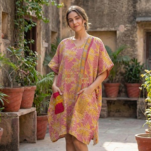 New Arrival Assorted Block Printed Eco-Friendly Breathable Loose Floral Kaftans <b>Kantha</b> Beach Wear Dresses - Product Image 5