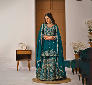 Ensemble Lehenga Kurta traditionnel pour femme PinkCityBlocks, en faux Georgette, avec broderies et sequins, spécial festival - Product Image 1