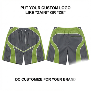 Premium 120 GSM Micro Polyester Shorts Gray <b>Green</b> Contrast Panels Mid Waist Drawstring Closure <b>Silk</b> Screen Printed Men's OEM ODM - Product Image 1