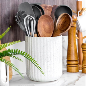 Fine Porcelain <b>Utensil</b> <b>Holder</b> Vertical Rib Texture Smooth Glaze Chip Resistant Stable Base <b>Kitchen</b> Counter Storage Organizer - Product Image 2
