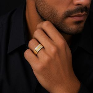 Mens 18KT Yellow Gold Triple Row Micro Pave Cubic Zirconia <b>Ring</b> Geometric <b>Statement</b> Band Luxury Wedding Party Gift Jewelry - Product Image 5