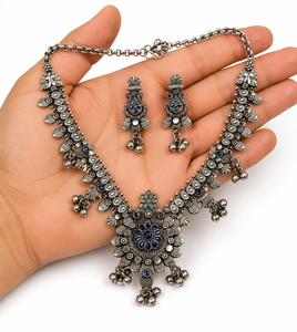 Oxidized Silver Lovers Bohemian Jewelry Set Bezel Setting Rhodium Plated Necklace Earring Zircon Women's Anniversary <b>Gift</b> - Product Image 3