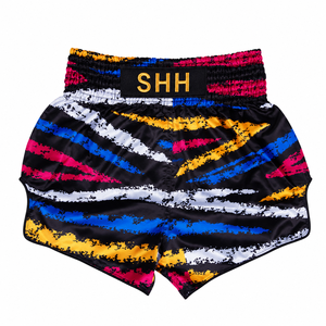 Shorts de boxe pour hommes 2026, noirs, rayés multicolores, en satin, séchage rapide, coupe classique, pour arts martiaux - Product Image 1