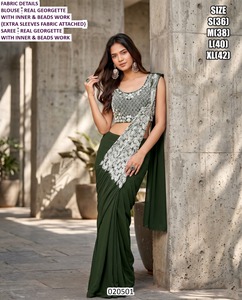 Blusa Bordada Green Grace Georgette, Saree Tradicional para Fiestas, para Mujer, con Características que Absorben la Humedad y Evitan las Arrugas - Product Image 1