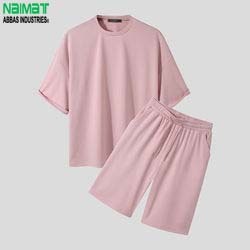 Conjunto de Camiseta y Pantalones Cortos Casuales para Hombre, Talla Grande, Color Sólido, Tejido Transpirable, Cuello Redondo, Ropa de Verano - Product Image 3