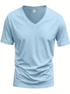 Men's V-Neck Short Sleeve Solid Cotton T-Shirt Regular Fit Breathable Enzyme Washed Jersey Fabric Casual Wear 180g Eco-Friendly - Product Image 3