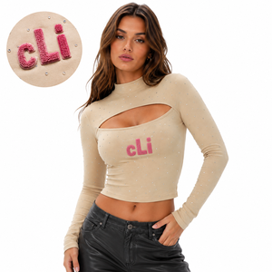Custom Chenille Patch Crop <b>Top</b> Front Cutout women's shirt Mock Neck <b>Long</b> <b>Sleeves</b> T-Shirt Casual <b>Sparkly</b> Rhinestone Slim Fit Tee - Product Image 1