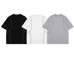 เสื้อยืดโอเวอร์ไซส์สีขาวผ้าฝ้ายแขนสั้นคอกลมแต่งขอบถักแบบเรียบง่ายสไตล์มินิมอลสำหรับผู้ชาย - Product Image 4