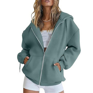 Sweat à capuche zippé surdimensionné pour femme avec logo personnalisé, impression en relief, couleur unie, chaud pour l'hiver, en molleton de coton respirant, entièrement zippé - Product Image 6