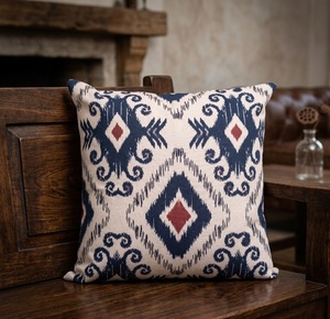 Textured Woven Florals Square <b>Cushion</b> <b>Cover</b> in Navy <b>Blue</b> and Terracotta Eco-Friendly 100% Cotton Home & Hotel Use AI2413 18X18 - Product Image 3