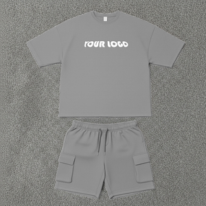 Custom Unisex Purple Cotton <b>T</b>-Shirt Set With Drawstring Shorts Simple Solid Design Heat-Transfer Printing Casual Summer Wear - Product Image 2
