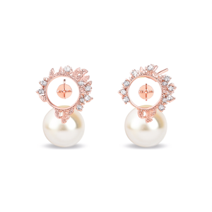 Vintage Rose Gold Round Stud Earrings with Zircon and Pearl - Product Image 2