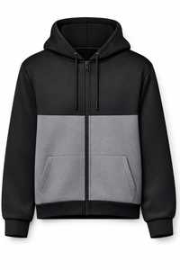 Sweat-shirt à capuche zippé pour homme, noir et gris, à blocs de couleurs, tricoté, manches longues, décontracté - Product Image 1