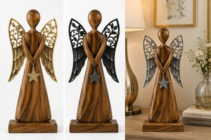 Figurine d'ange en bois faite à la main avec ailes argentées et pendentif étoile, décoration de Noël pour table de salon - Product Image 2