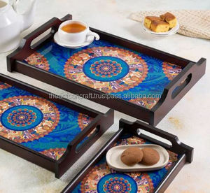 Juego de 3 bandejas de madera pulida con decoración de ágata de estilo náutico Artesanía Mesa de comedor Almacenamiento de servicio Uso Recuerdo romántico - Product Image 1