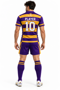 Conjunto Deportivo Salstar para Hombre, Camiseta con Cuello en V y Pantalones Cortos, Rayas Moradas y Amarillas, Uniforme de Rugby y Fútbol Transpirable, Tela Flexible, Personalizable - Product Image 4