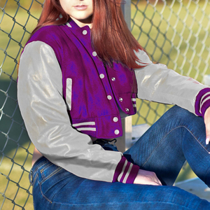Womens <b>Varsity</b> Crop <b>Jacket</b> <b>Purple</b> Grey Letterman Style Bomber Coat Faux Leather Sleeves - Product Image 4