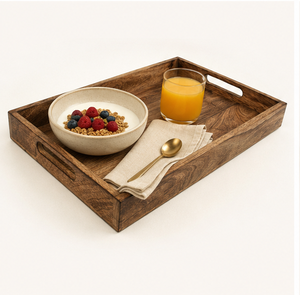 Bandeja de servir hecha a mano de madera de mango premium, rectangular grande, estilo rústico, con asas recortadas, para desayuno, café y mesa. - Product Image 2