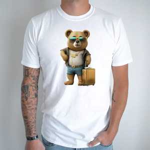 Camiseta Blanca de Hombre 100% Algodón con Estampado de Oso de Dibujos Animados, Manga Corta, Cuello Redondo, Estilo Casual, Corte Regular, Impresión Digital - Product Image 1
