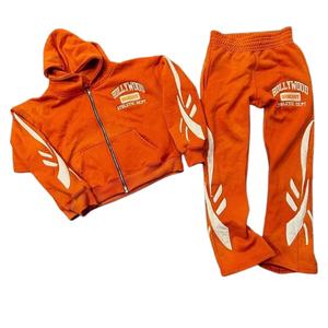 Survêtement Zipup orange en détresse délavé à l'acide 2 pièces survêtement empilé pour hommes survêtement avec logo en éponge française empilée pantalon de survêtement et ensemble de sweat à capuche - Product Image 1