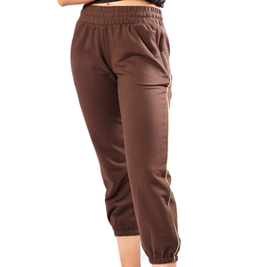Women Solid <b>Brown</b> Yoga Pants Knee Length Elastic Waist Side Stripe Contrast Stitch Breathable Spandex Cotton Mix - Product Image 2