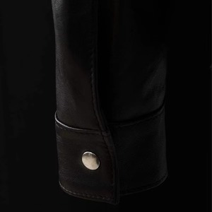 Blouson bomber en cuir véritable noir pour homme, col mandarin, coupe-vent, fermeture éclair, grande taille, style streetwear hiver - Product Image 3