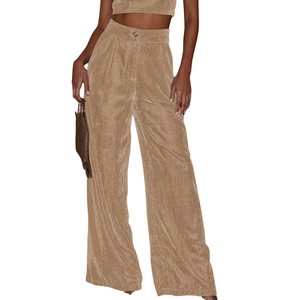 <b>Womens</b> Velvet <b>Summer</b> Mid Waist Flat Front Straight Loose Fit Wide Leg <b>Trousers</b> with Wholesale OEM ODM Support - Product Image 2